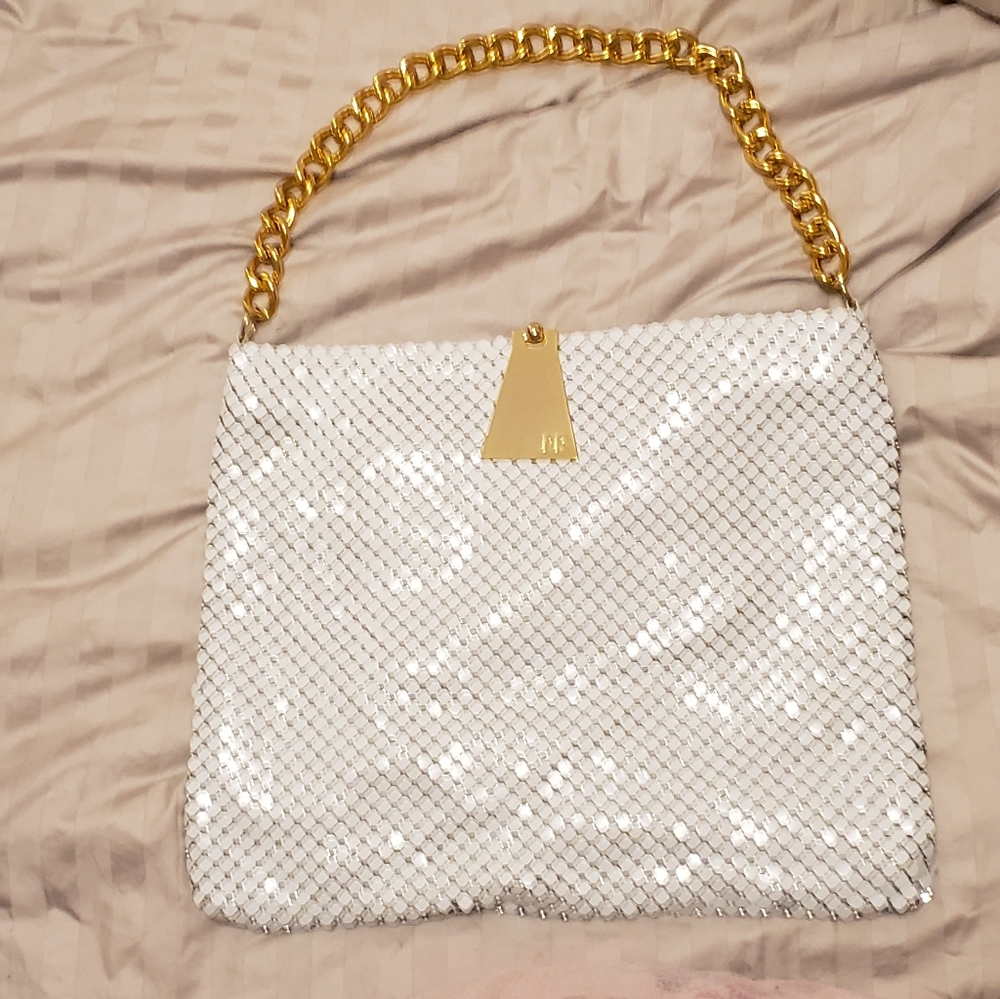 Felix Rey, White & Gold Metallic Purse, Flexible Squares on all sides, NWOT